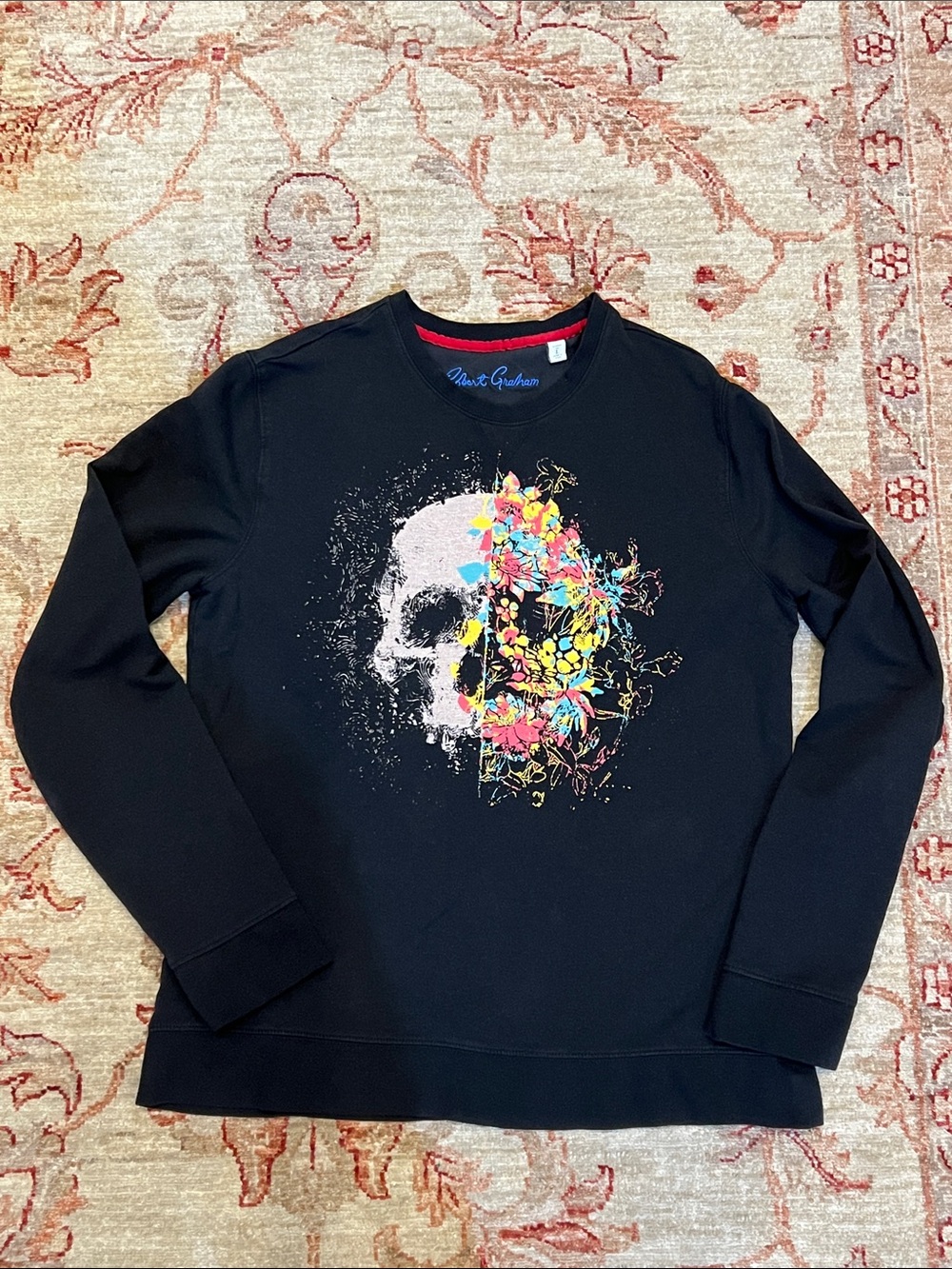 Robert Graham Black Crewneck Sweatshirt with Multicolor Floral Skull